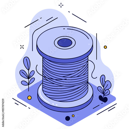 Illustrated blue spool of thread with decorative leaves in minimalist style