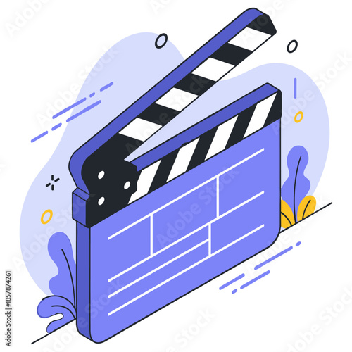 Illustrated movie clapperboard with blue and black colors on abstract background