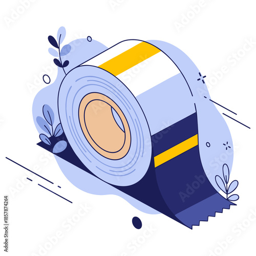 Illustration of blue and yellow adhesive tape with decorative leaves