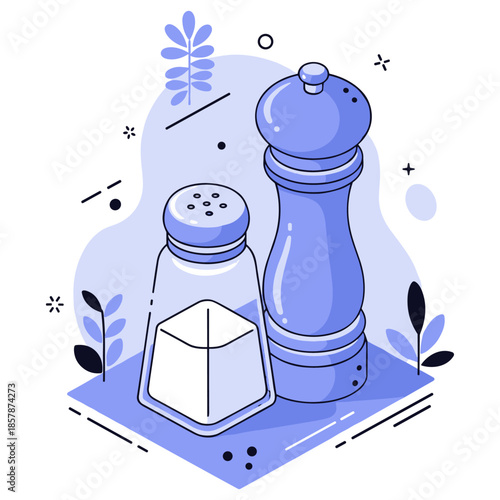 Illustrated salt shaker and pepper grinder with abstract background