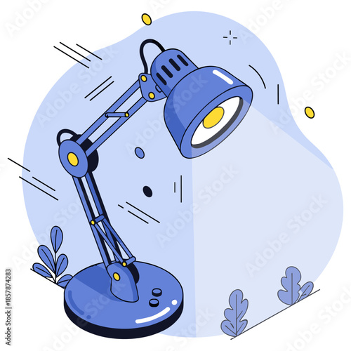 Blue adjustable desk lamp illuminating surface with abstract background