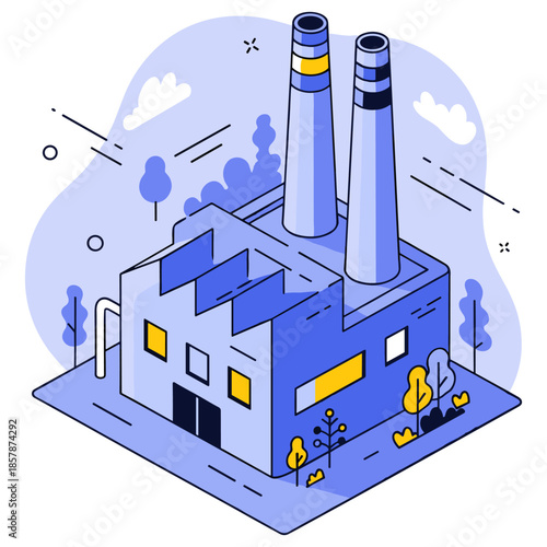 Isometric illustration of a modern factory with twin chimneys and minimalist landscape
