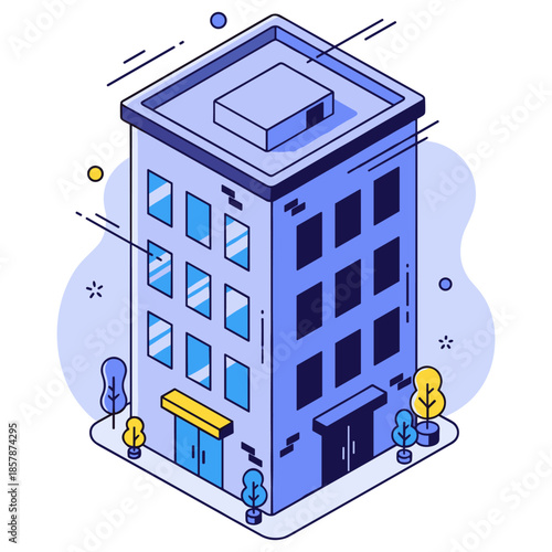 Modern isometric urban building with trees and abstract background design