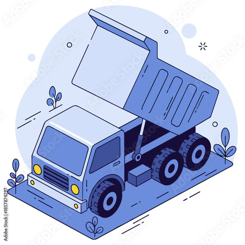 Cartoon blue dump truck with raised bed in minimalist style art