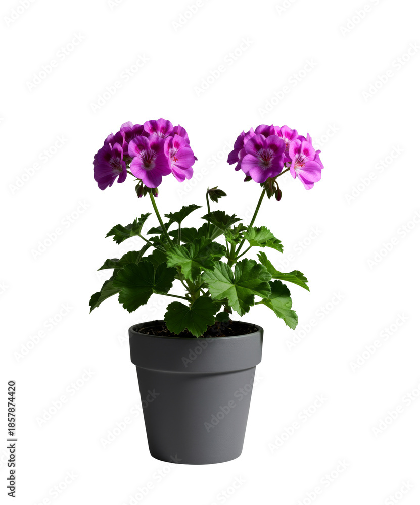 Naklejka premium beautiful potted Geranium plant with vibrant magenta flowers and lush green leaves in a minimalist gray ceramic pot, isolated on white