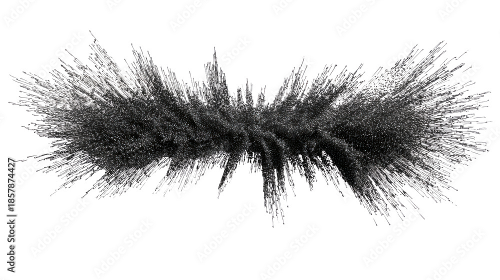 Fototapeta premium Black powder explosion effect with particles dispersing and scattering, ink dust cloud burst on transparent background