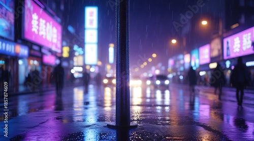 Wallpaper Mural Lone electric pole stands tall in the midst of a bustling urban street at night, its metal surface glistening with dew, as neon reflections from surrounding billboards. Torontodigital.ca