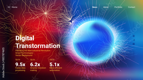 Abstract digital technology background with glowing energy sphere and neural network lines