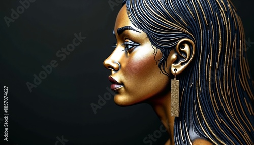 Highly detailed portrait of a woman with golden and black hair sculpture against a dark background
