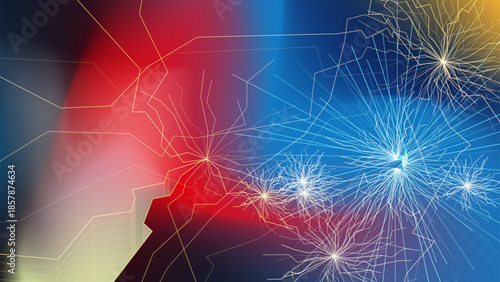 Abstract digital technology background with glowing energy sphere and neural network lines