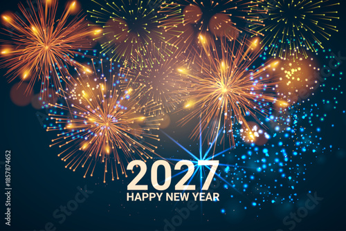 Happy New Year 2027 celebration set with festive fireworks and geometric typography