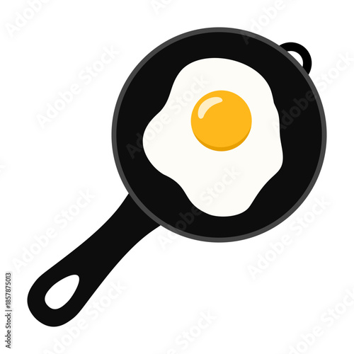 Fried egg on cast iron pan isolated on white background. Healthy food cartoon vector illustration