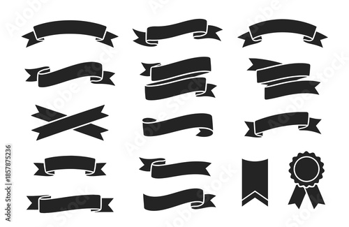Collection of black ribbon banners and award rosette icons vector graphic