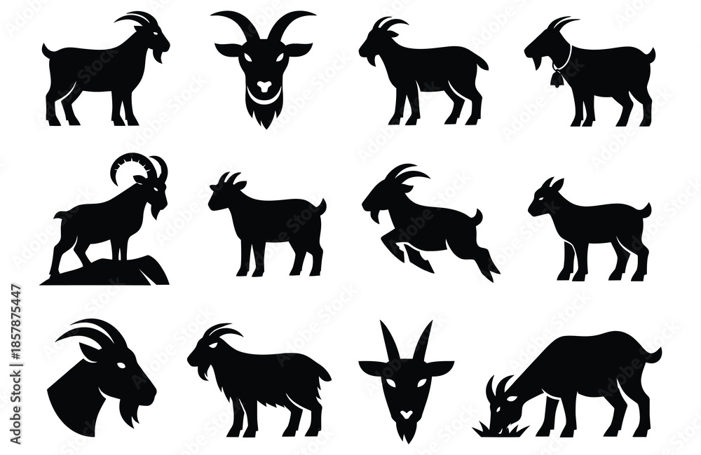 Fototapeta premium Twelve black goat silhouettes in various poses and headshots animal white vector