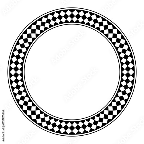 Circle frame with diamond pattern, a decorative checkered border, made of seamless arranged black and white alternating tiles, balanced with two circles inside and out. Isolated illustration. Vector