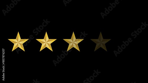 Excellent five-star rating symbol. Glowing Golden glossy stars for quality product, service, and customer reviews on white background