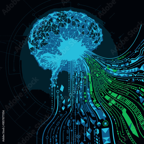 Abstract digital brain with data streams, artificial intelligence concept