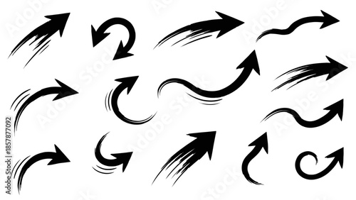 Set of Black Brush Stroke Arrows on White Background