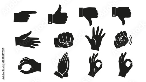 Set of Hand Gestures Icons: Thumbs Up, Down, Pointing, Praying, OK, Fist
