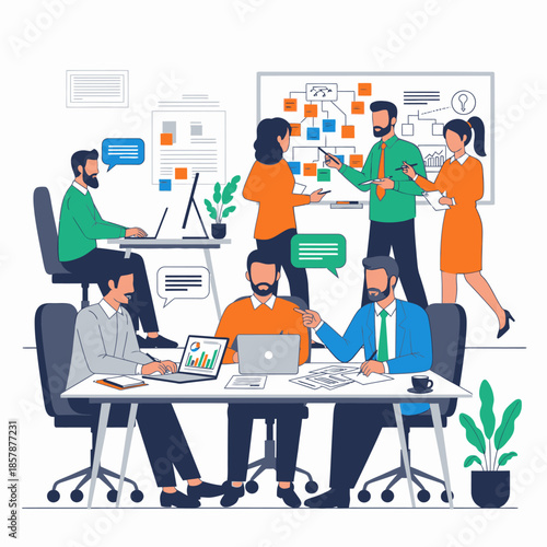 Diverse team collaborating in a modern office, brainstorming ideas on whiteboard and laptops