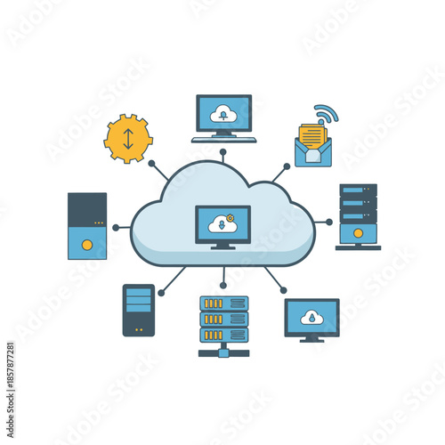 Cloud Computing Network Diagram: Servers, Computers, and Data Flow