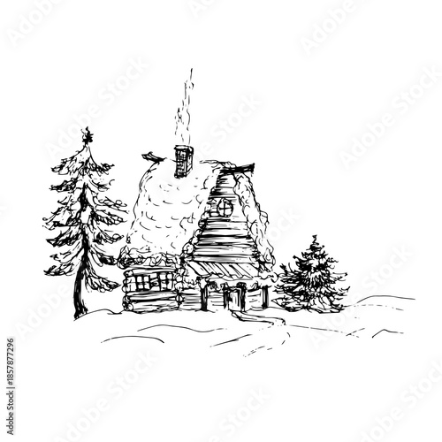 Landscape with a Christmas tree and a house.