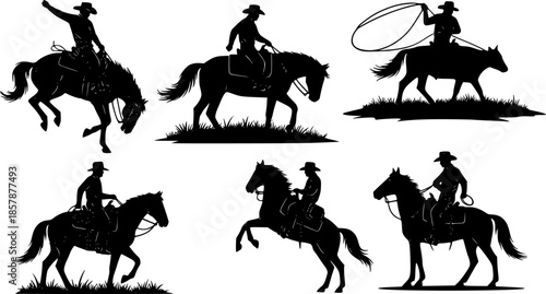 
Cowboy riding horse silhouette collection, western equestrian scene, black vector illustration, ranch lifestyle, rodeo performance, cowboy culture, country horseback riding art