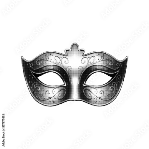 Black and white halftone illustration of a Venetian masquerade mask. Minimal dotted graphic style, concept of mystery, carnival, anonymity, elegance and theatrical celebration.