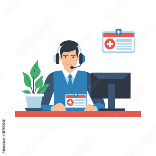 Healthcare Call Center Agent with Computer and Medical ID Card