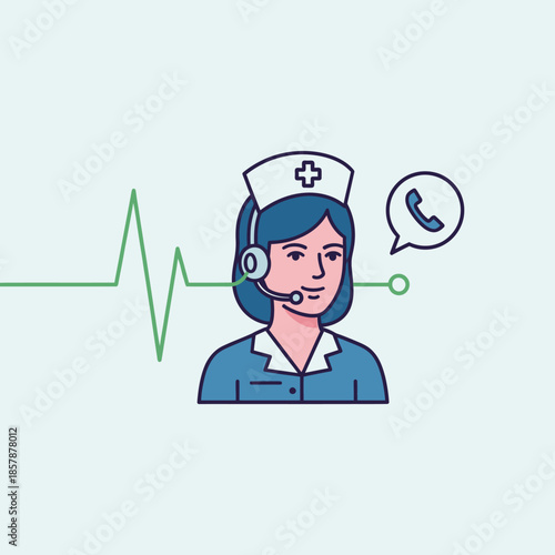 Nurse with headset and phone icon, medical call center, heartbeat line