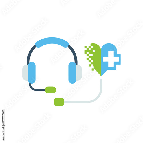 Digital Health Support: Headset Connected to Pixelated Heart with Cross Icon