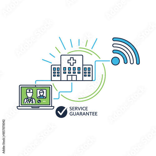 Telemedicine concept: Hospital, laptop with doctors, wifi, service guarantee icon