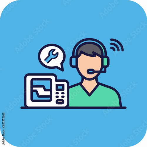 Technical Support Operator with Wrench Icon and Equipment, Customer Service Icon
