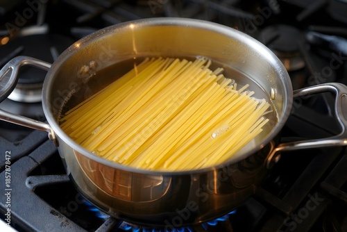 Spaghetti Noodles Boiling in Pot on Stove