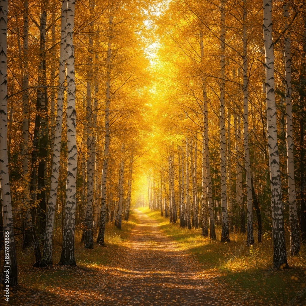 Obraz premium A beautiful forest pathway winding through a dense stand of vibrant golden birch trees illuminated by brilliant sunlight ,glowing, sunlight, serene