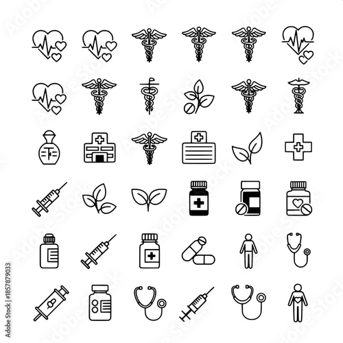 “Healthcare-themed icon grid with heart rate symbols, caduceus, and wellness icons, monochrome flat design.”