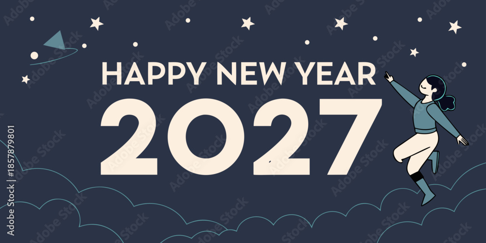 Naklejka premium USA, US, U.S, United States - Happy new year 2027 woman reaching for stars in night sky with clouds and kite vector illustration greeting celebration reaching dreaming 