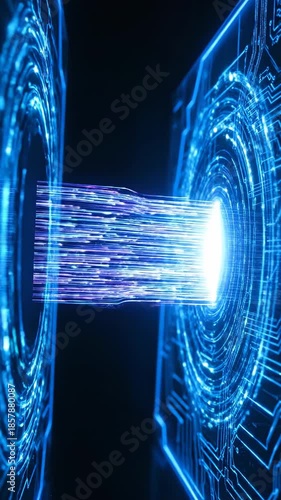 Abstract digital technology concept with glowing blue light and data transfer.