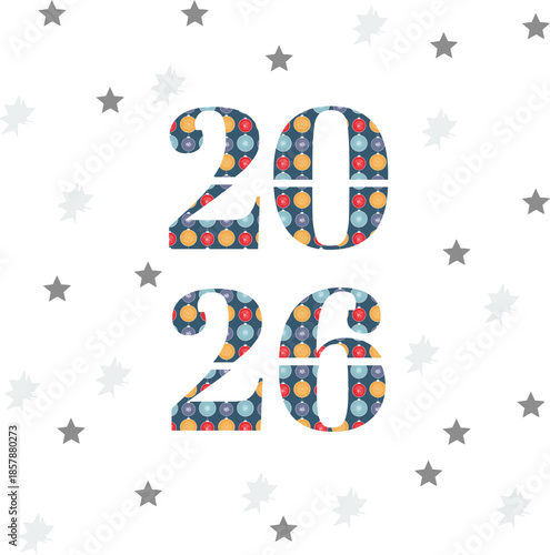 Happy new year 2026 celebration numbers with christmas ornaments pattern