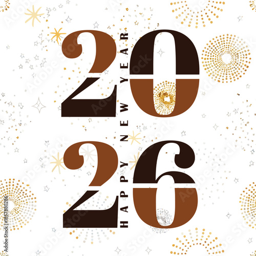 Happy new year 2026 celebration greeting card design with gold sparkles
