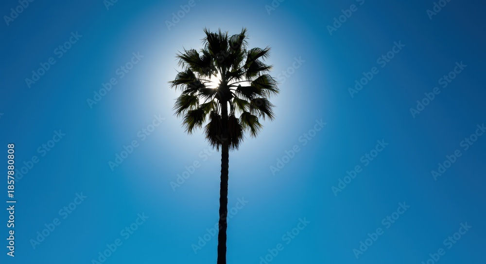 Obraz premium Tall, slender palm tree silhouetted against a brilliant, deep blue sky on a clear sunny day, symbolizing tropical paradise and serene vacation travel ,leaf ,clear ,coast