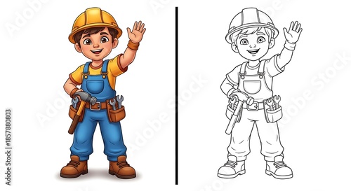 Colored and line-drawing versions of a cartoon construction worker holding tools and waving.