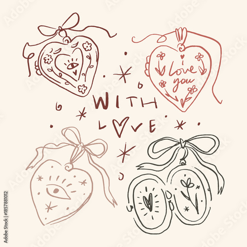 Cute vintage locket in heart shape set with coquette core bow vibe elements girly pastel color palette. Girlish tiny aesthetic whimsical sketch with sacred eye and flowers botanical details. Open and