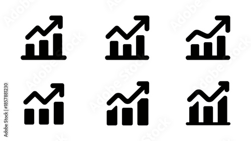 Black graph icons with upward trend arrow in simple flat design on white background for business infographics
