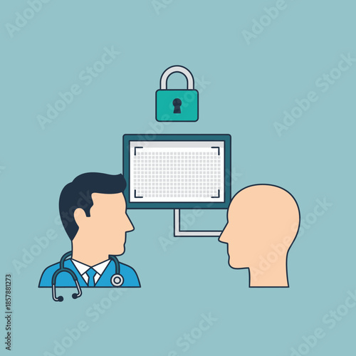 Doctor and patient with computer and padlock, medical data security concept