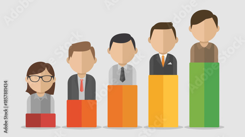 Diverse business team standing on colorful blocks in flat design with bright pastel colors and clean white background for corporate presentation