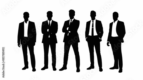 Silhouettes of businessmen in various poses in black suits with white shirts in dramatic lighting for corporate branding