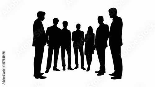 Business people silhouettes in formal attire standing in circle with one woman in discussion in soft natural lighting for corporate background