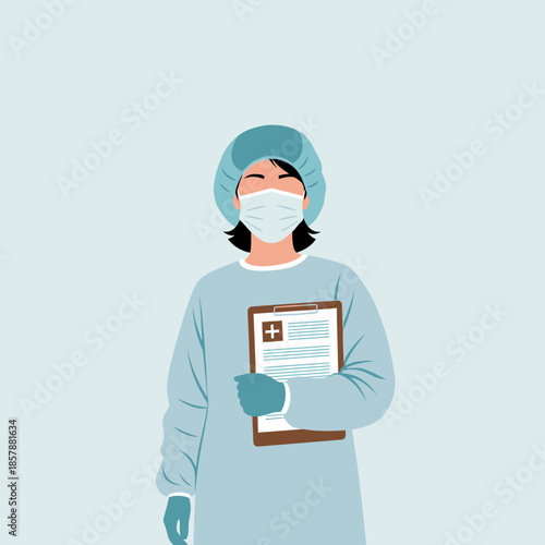 Doctor in surgical gown and mask holding a medical chart, flat illustration
