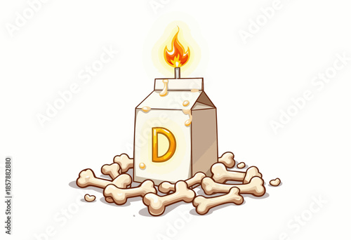 Carton Illustration Representing Vitamin D Benefits for Bone Health Shows Milk Carton with Flaming Top Surrounded by Symbolic Bone Shapes